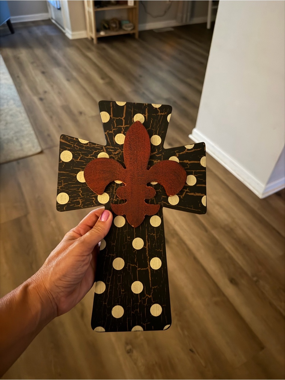 Polka Dot Wooden Cross Wall Decor with Rust Fleur-de-lis